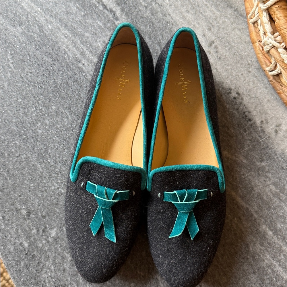 Cole Haan Sabrina Black Loafers with Teal Bow Accent